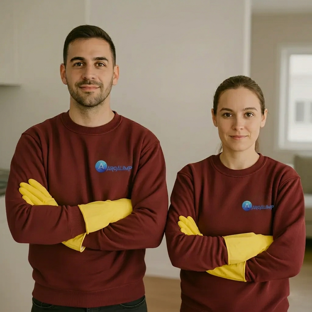 Dos profesionales de limpieza con guantes amarillos