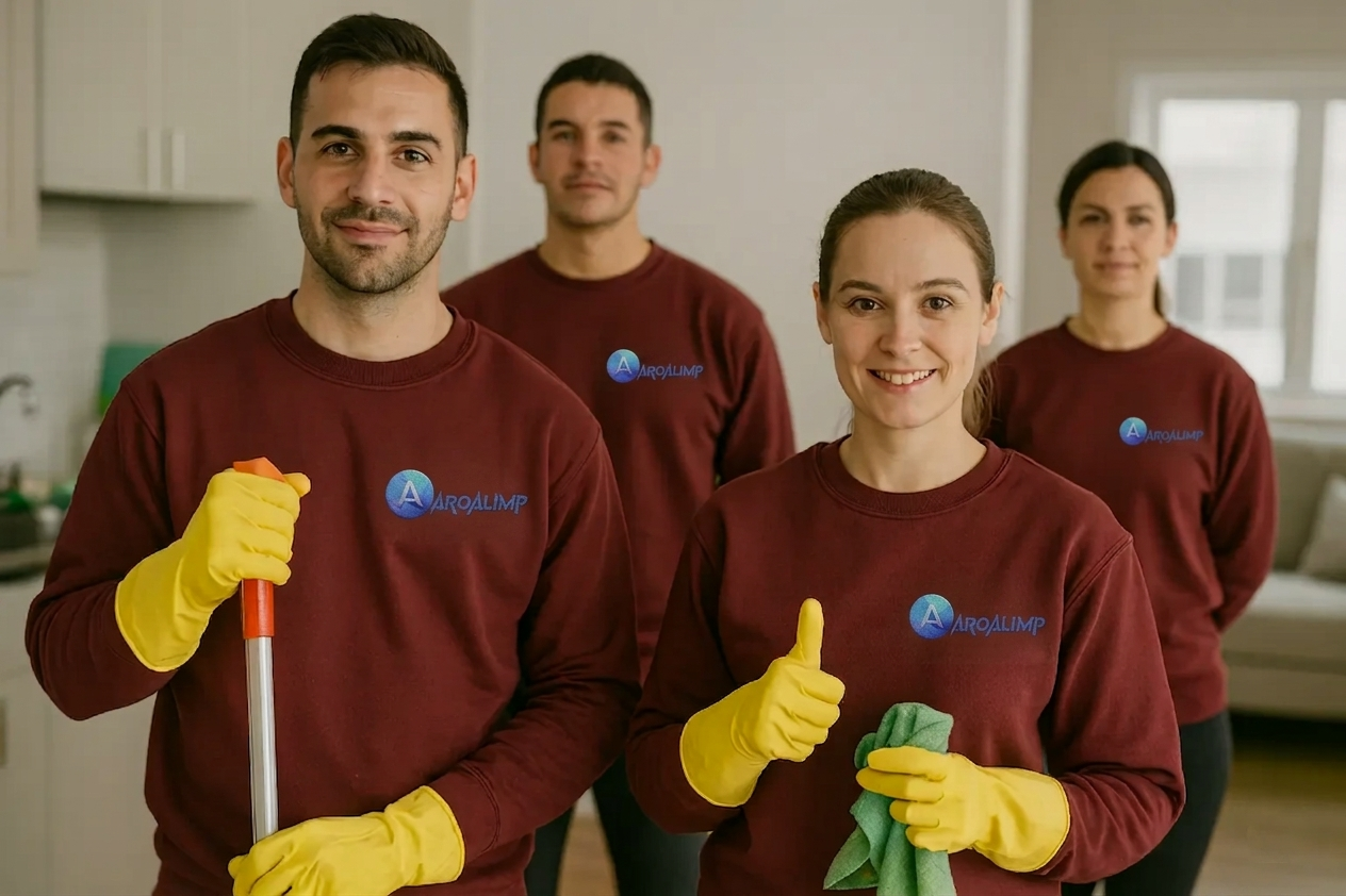 Equipo de limpieza profesional en vivienda moderna